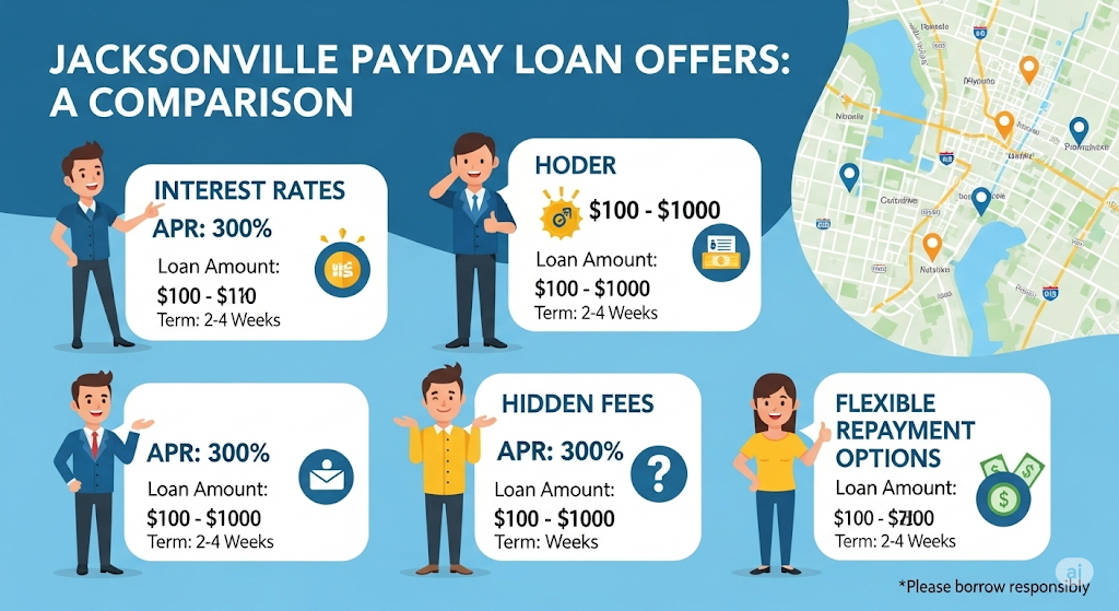 An infographic comparing different Jacksonville payday loan offers, with a map of the city and illustrations of people showing various loan terms, interest rates, and fees.