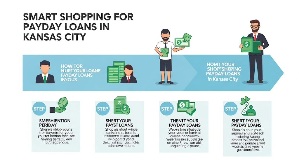 An infographic on "Smart Shopping for Payday Loans in Kansas City," showing a step-by-step process with illustrations of people and dollar signs, highlighting how to compare and choose loans wisely