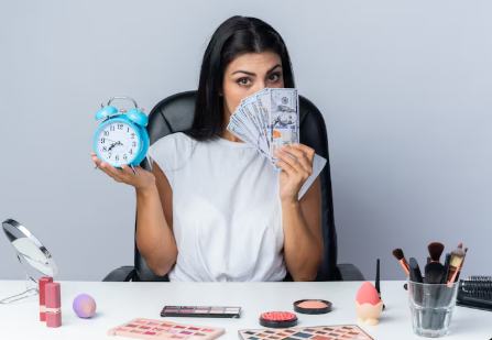 A flat-lay image of a woman sitting at a desk, holding a blue alarm clock in one hand and fanning herself with cash in the other, with makeup products on the desk.