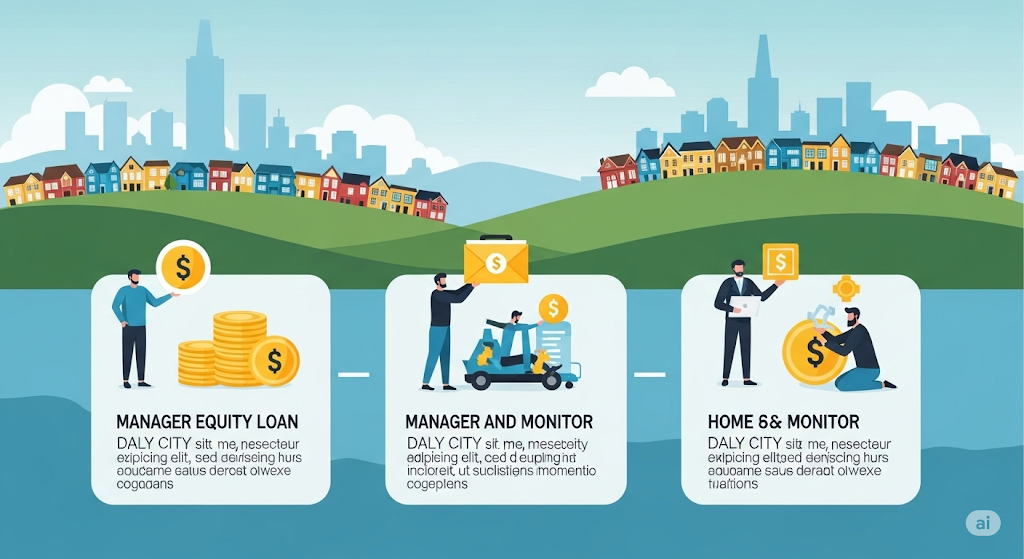 An infographic titled "HOME EQUITY LOANS DALY CITY," showing a cityscape with a row of houses. It details the process in three main sections: Repayment, Risks, and Legal Considerations, with human-like characters and icons.