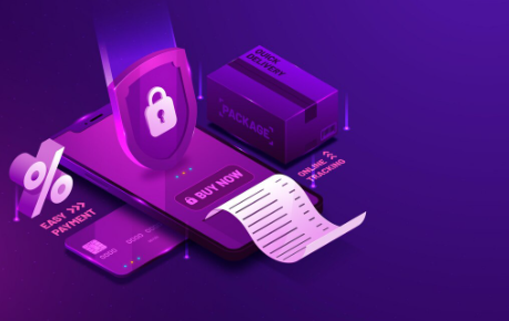 An infographic showing a digital landscape with a smartphone and other devices, illustrating online shopping, quick delivery, and secure payments with a credit card.