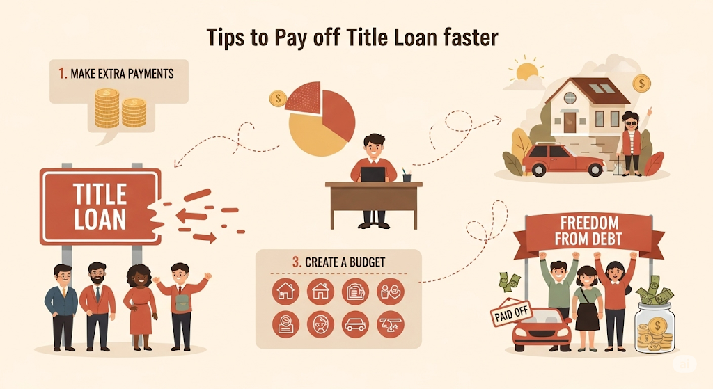 An infographic comparing title loans and payday loans, detailing features like collateral, repayment terms, and risks for each, with a road separating the two.