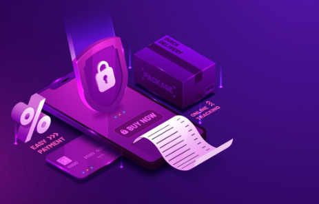 A flat-lay photograph of a laptop keyboard with a stack of hundred-dollar bills on the touch-pad, illuminated by purple and blue light.