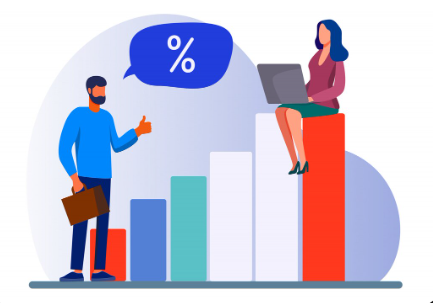 "Illustration of a man holding a briefcase and giving a thumbs-up while standing beside a bar chart. A woman is sitting on the tallest bar with a laptop. A speech bubble with a percentage sign is above them, symbolizing data analysis or business growth."