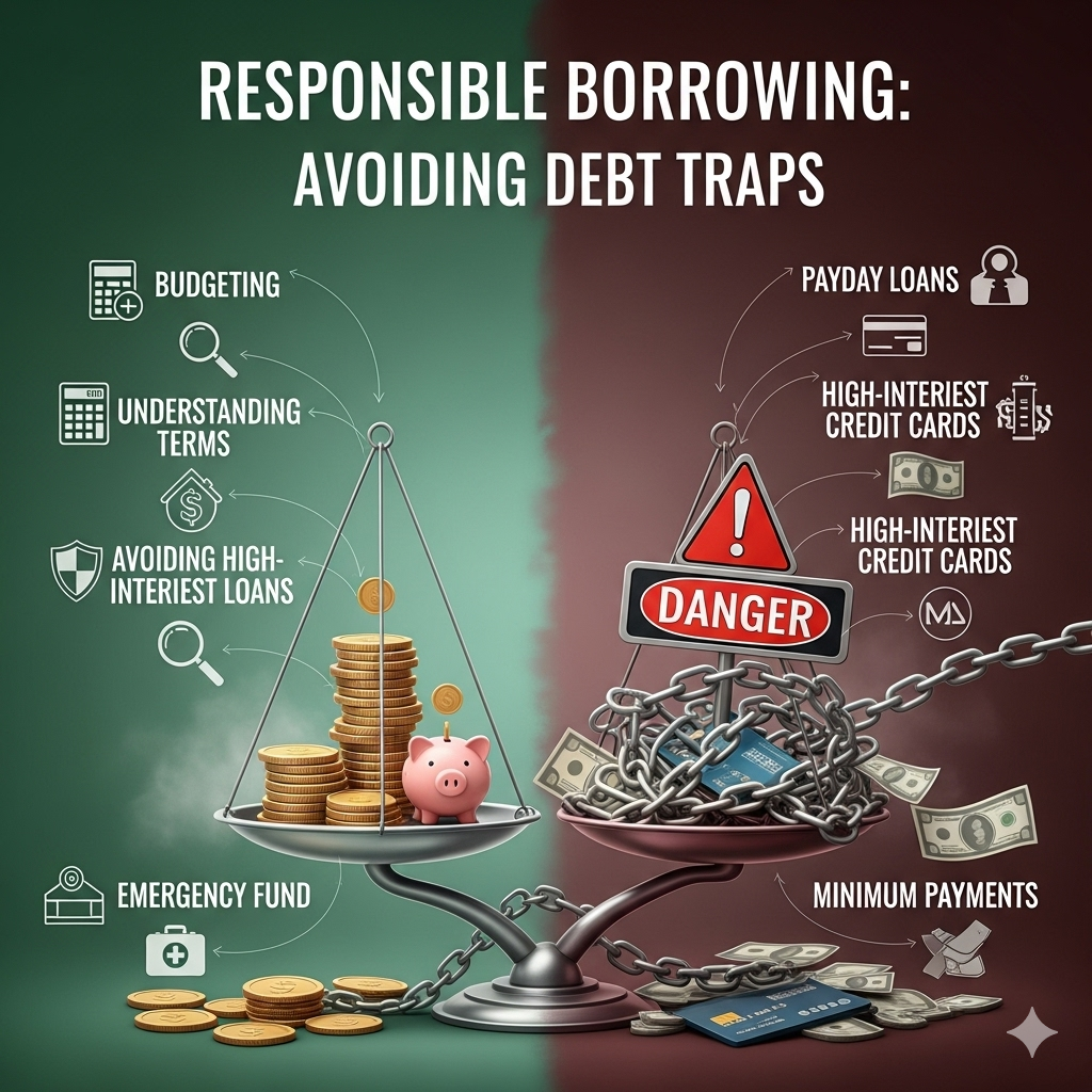 an info graphic chart for showing Responsible Borrowing: Avoiding Debt Traps