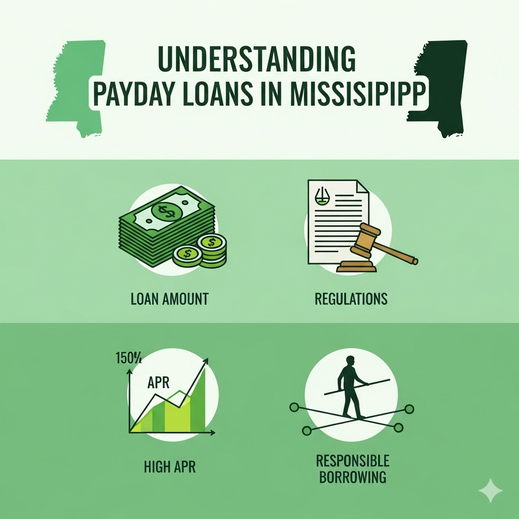 an green themed infographic image showing, Payday Loans in Mississippi