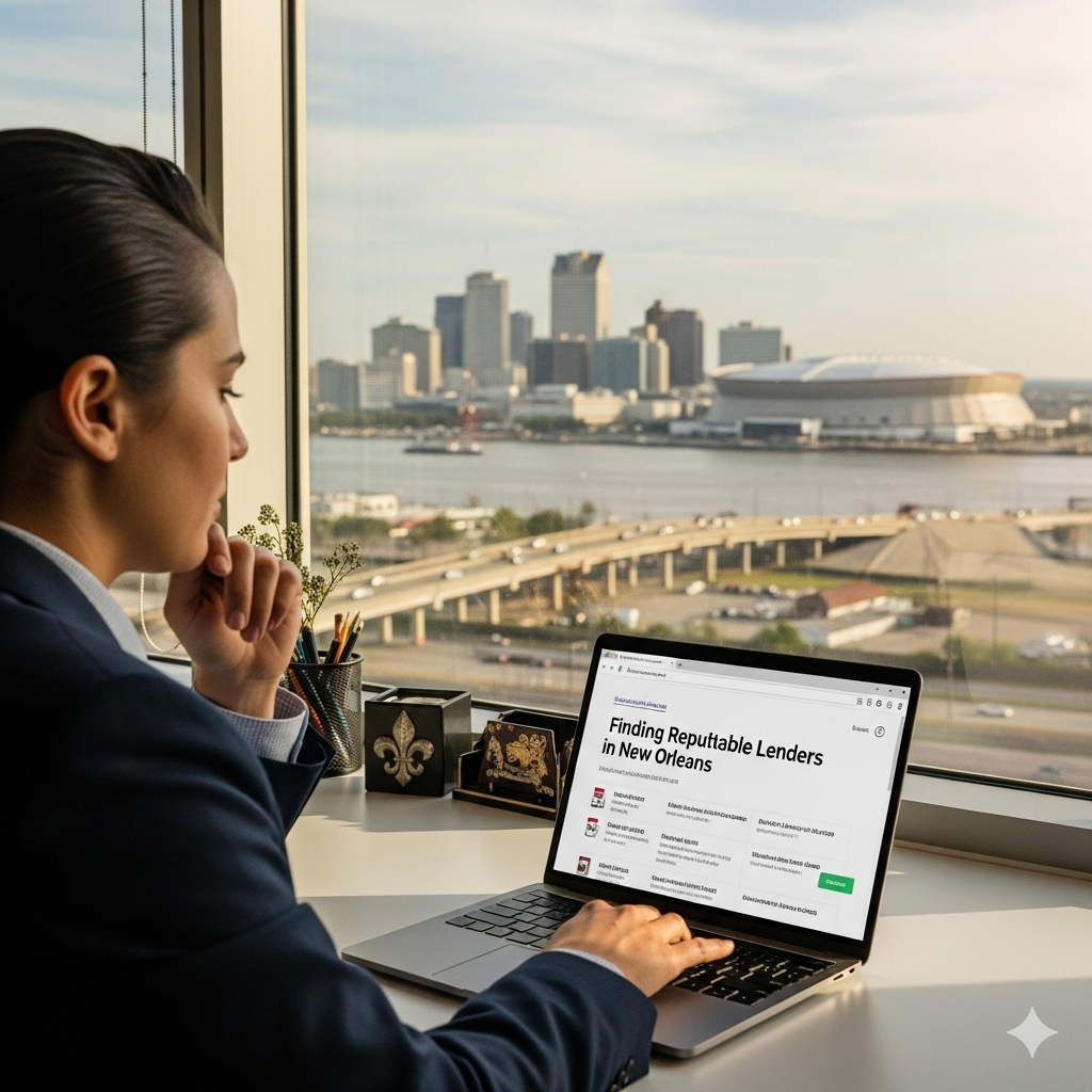 a man searching on laptop for Reputable Lenders in New Orleans