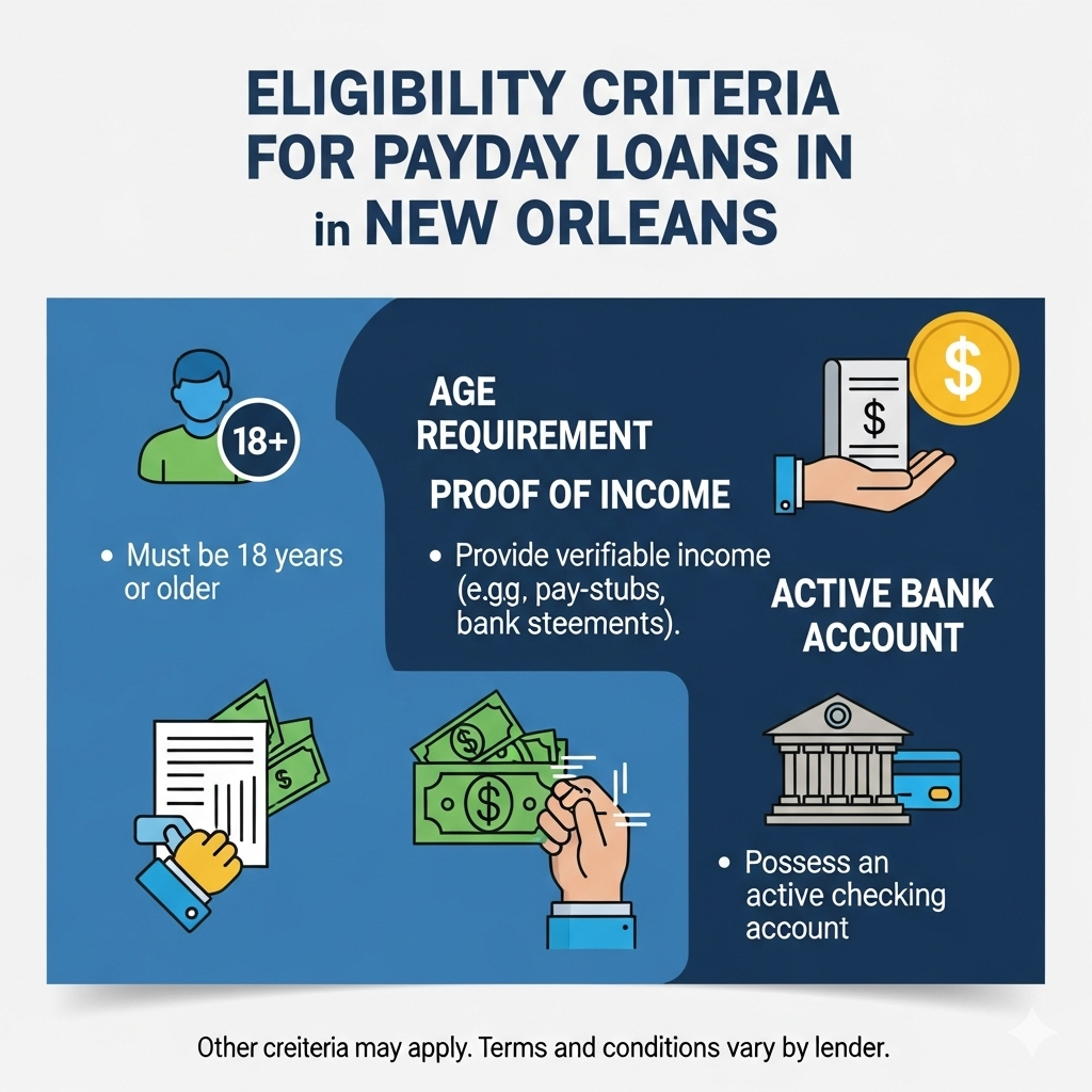 a good info graphical image with text and icon on it for Eligibility Criteria for Payday Loans in New Orleans