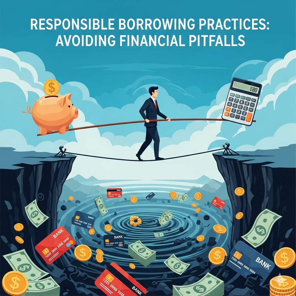 An infographic with a vibrant color palette. A person in a suit carefully walks on a tightrope over a chasm filled with credit cards and bills. The person holds a balance pole with a piggy bank on one end and a calculator on the other. The title is "RESPONSIBLE BORROWING