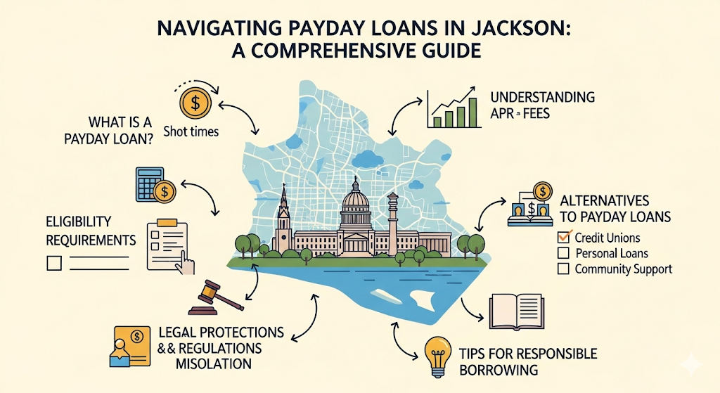 An infographic titled "Navigating Payday Loans in Jackson: A Comprehensive Guide." The central part of the image features a stylized map of Jackson, Mississippi, with the State Capitol building and the Mississippi River. Around the map, various sections of the guide are represented by distinct icons and text. The sections include "What is a Payday Loan?", "Eligibility Requirements," "Legal Protections & Regulations," "Tips for Responsible Borrowing," "Alternatives to Payday Loans," and "Understanding APR - Fees." Each section has a corresponding icon.