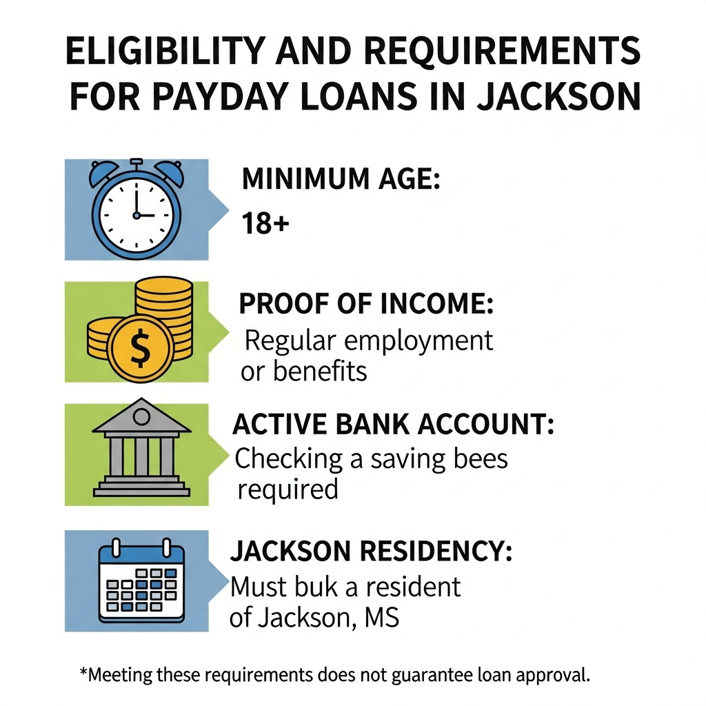 An infographic with a blue and green color scheme. It is divided into horizontal sections, each with a heading and an icon. The sections include "Minimum Age: 18+," "Proof of Income," "Active Bank Account," and "Jackson Residency." The design is simple and easy to read.