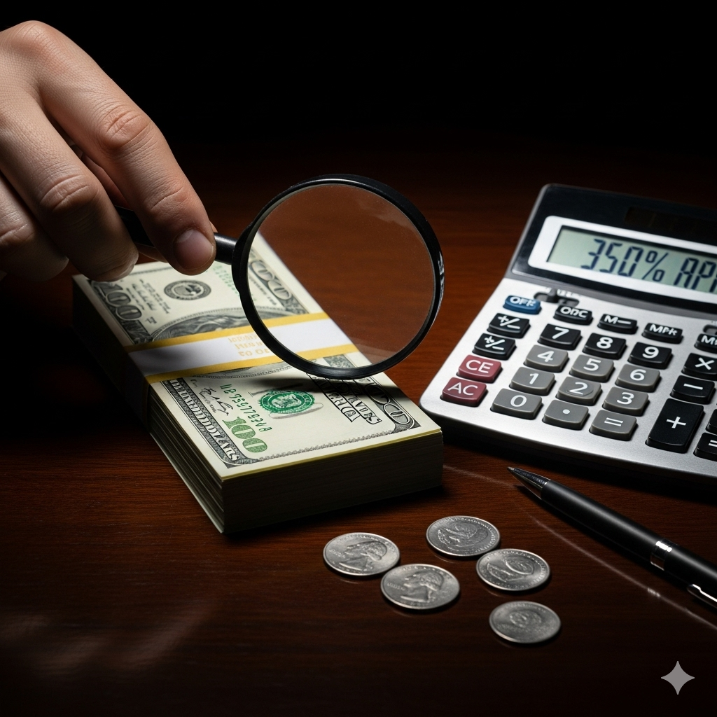 A realistic, high-resolution photograph on a dark wooden desk. A hand places a magnifying glass over a stack of bills. A calculator nearby shows "350% APR." A few coins are scattered on the desk, and the lighting is dramatic, highlighting the calculator and money.