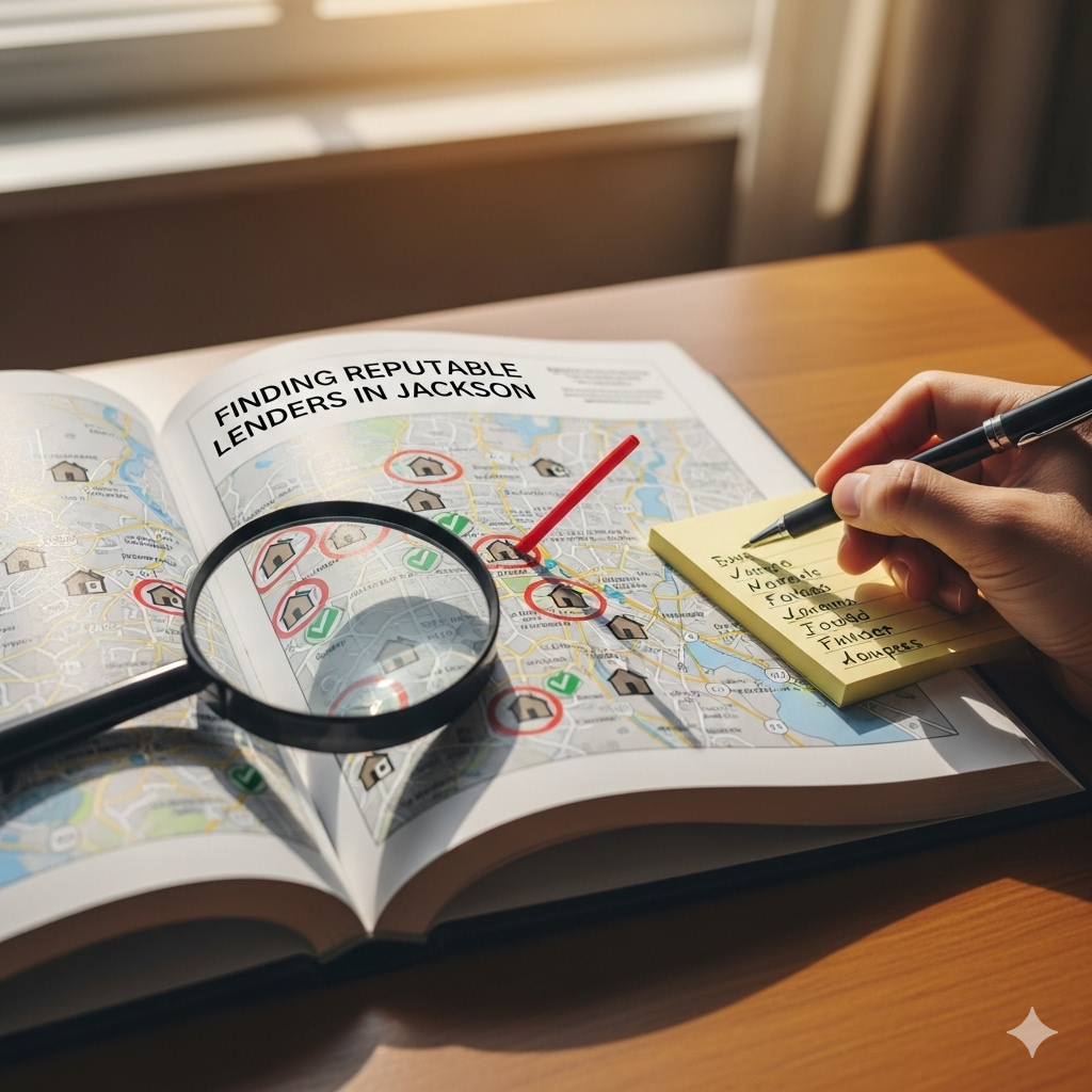 A realistic photograph of a hand holding a pen and writing on a sticky note. The scene is set on a wooden desk with a magnifying glass and an open book. The book shows a map of Jackson, Mississippi, with some locations circled and others marked with green checkmarks.