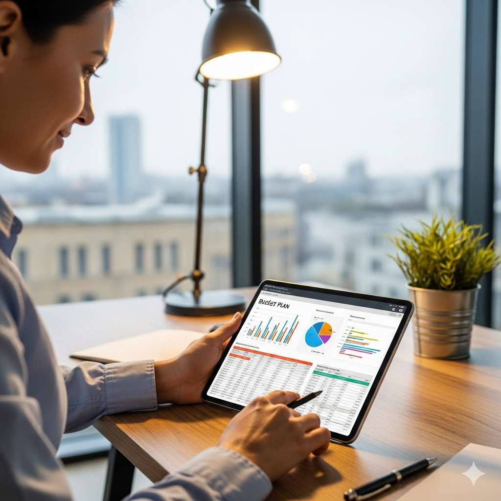 A realistic photograph of a person with a calm expression sitting at a desk and looking at a budget plan on a tablet. The screen shows colorful charts and graphs. The scene is well-lit and professional, conveying financial planning and control.