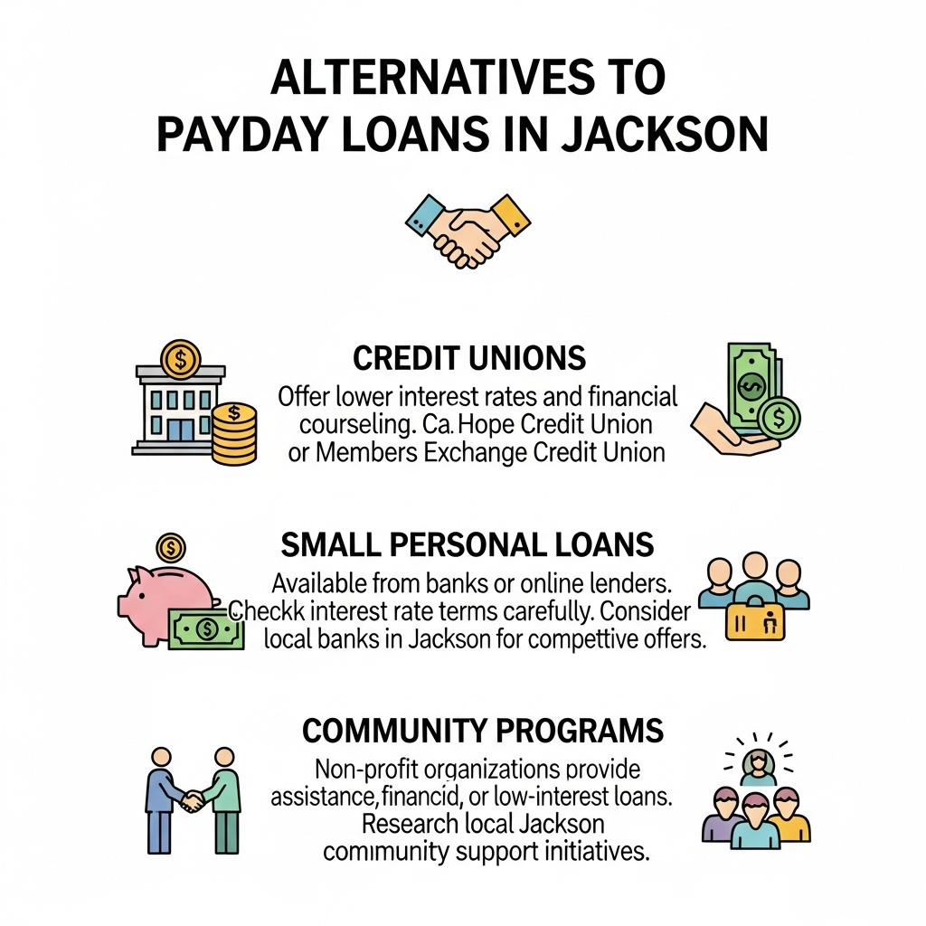 An infographic with a clean, professional design. It is divided into three sections, each with a heading, icon, and text. The sections are "Credit Unions" (with a bank icon), "Small Personal Loans" (with a piggy bank icon), and "Community Programs" (with a handshake icon).
