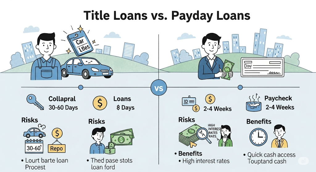 An infographic comparing personal loans, credit cards, and home equity loans, illustrating the pros and cons of each with charts and human-like characters.