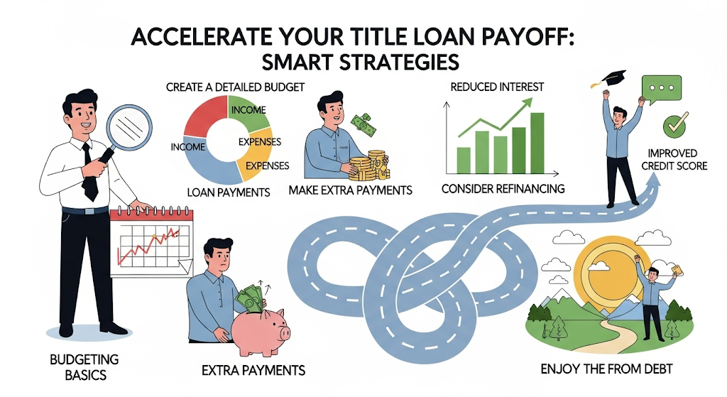 An infographic comparing Title Loans and Payday Loans, detailing their respective collateral, risks, and benefits with human-like characters and cityscape backgrounds.