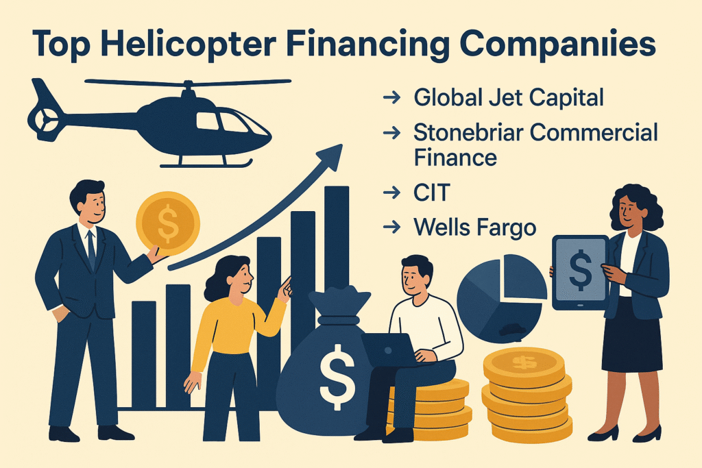 An infographic illustrating a helicopter financing process, including application, underwriting, and funding, with a red helicopter flying over a city and mountains.