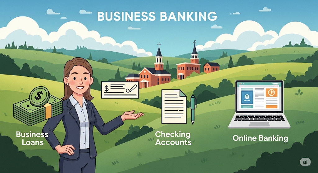 An infographic showing a credit union building with a sign for "Savings & Loans," with human-like characters talking and a person walking with a piggy bank.