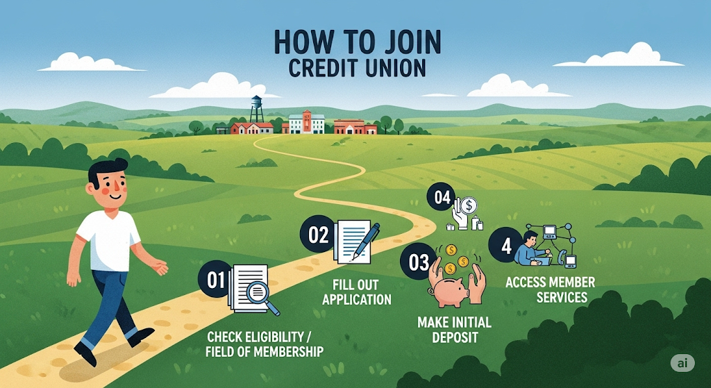 An infographic showing the process of joining a credit union, with a path leading through four steps: checking eligibility, filling out an application, making an initial deposit, and accessing member services.