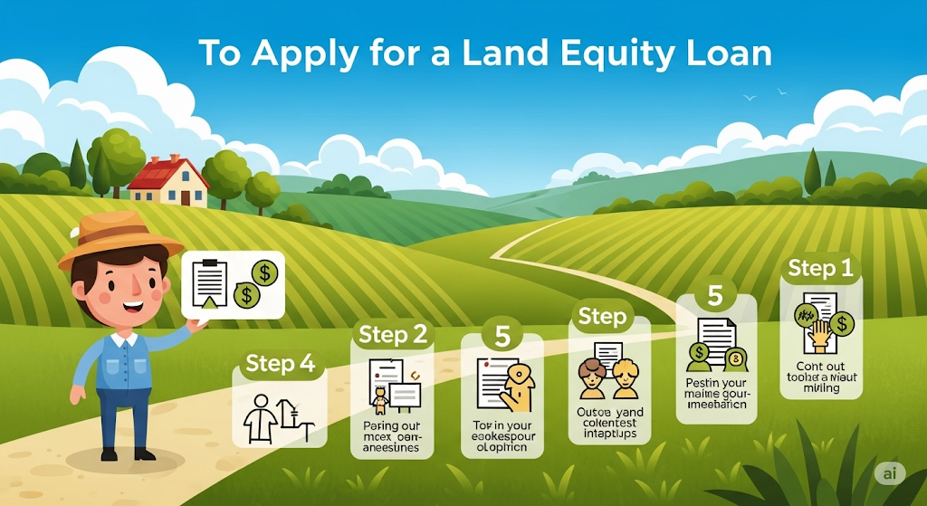 An infographic showing the steps to apply for a land equity loan, with a farmer standing in a field and a winding path with steps and icons for documents and processes.