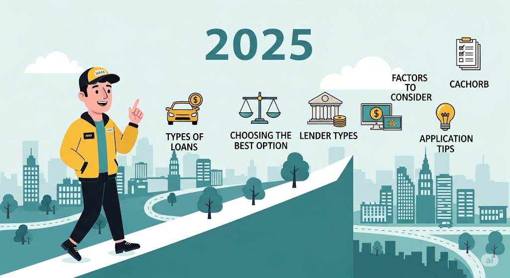 An infographic showing the steps to get approved for and secure better loan terms, with a winding path illustrating steps like documentation, negotiation, and a repayment schedule.