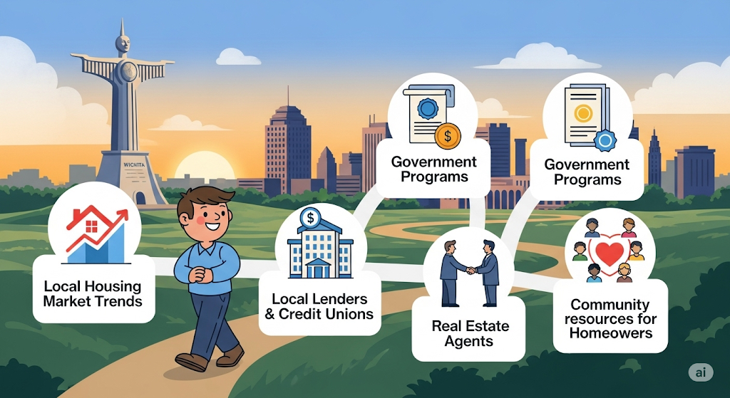 An infographic showing a strategic process for getting the best deals, with a winding path of gears and human-like characters illustrating different concepts.