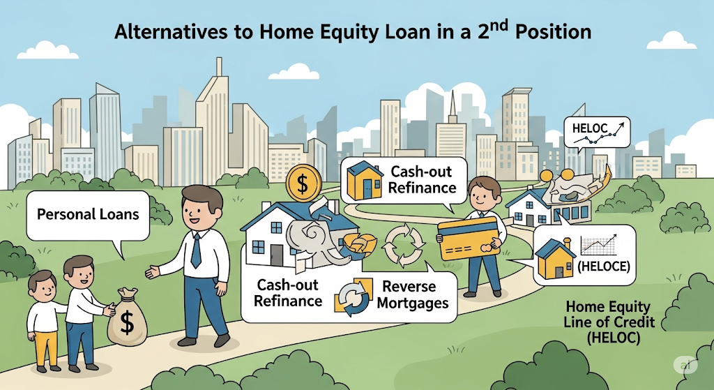An infographic titled "Alternatives to Home Equity Loan in a 2nd Position," with a winding path showing different loan options like personal loans, cash-out refinance, and reverse mortgages.