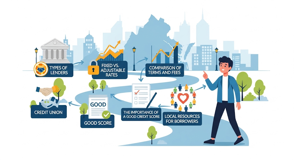 An infographic showing the steps to apply for a second position home equity loan, with a winding path through a suburban landscape and icons representing various processes and documents.