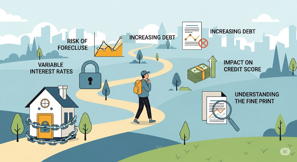 An infographic explaining how credit scores impact loan offers, with a person standing by a river and city skyline, with icons for credit, income, and debt.