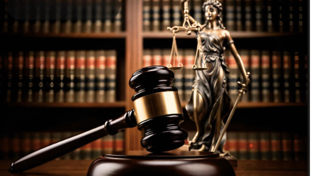 "Judge’s gavel and scales of justice statue in front of law books in a courtroom or legal library."