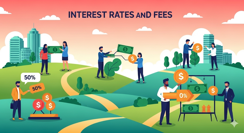 An infographic illustration of human-like characters explaining financial concepts like interest rates and fees.