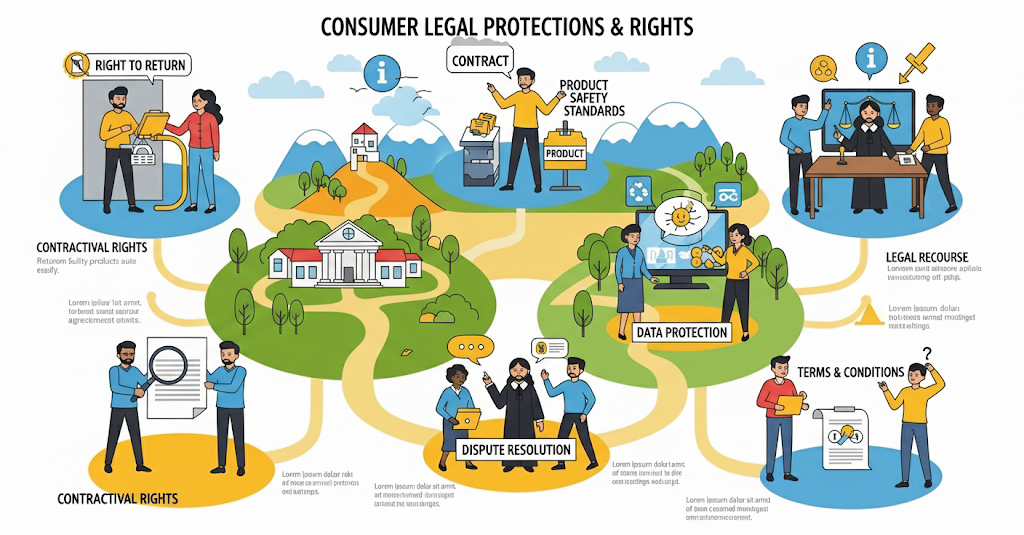 An infographic illustration of diverse people explaining legal protections and consumer rights.