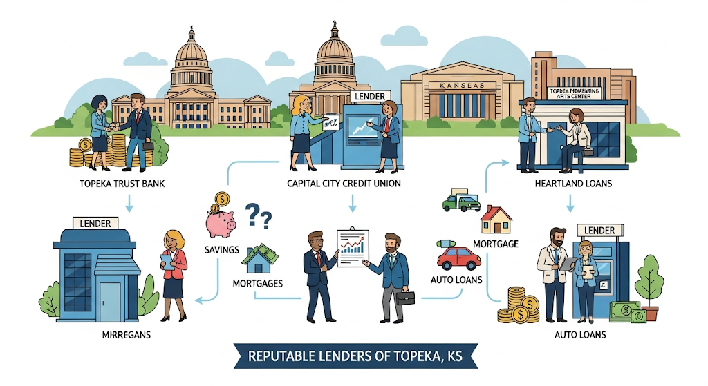 An infographic illustration of diverse people interacting with reputable lenders in Topeka, Kansas, explaining different types of loans.