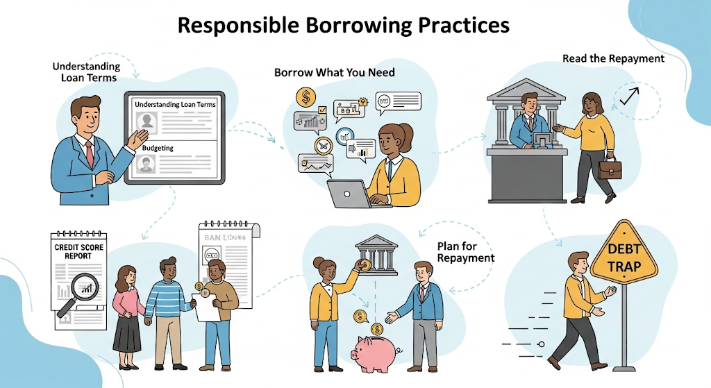 An infographic illustrating responsible borrowing practices, showing characters engaging in financial planning, researching loans, and making timely payments.