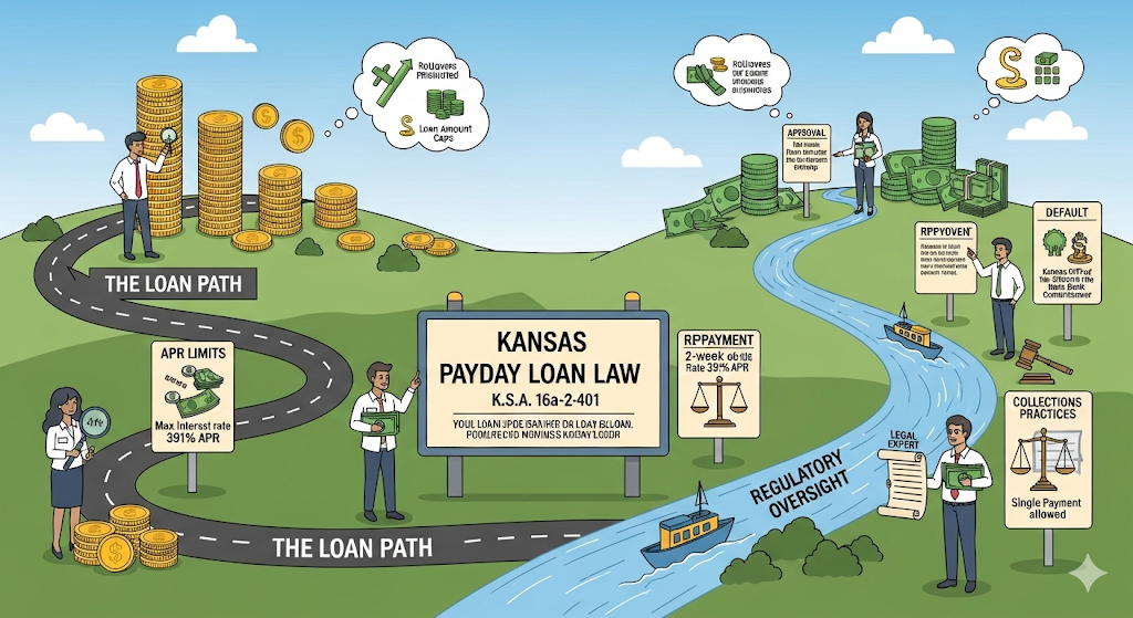 An infographic illustration of human-like characters explaining the legal landscape of payday loans in Kansas.
