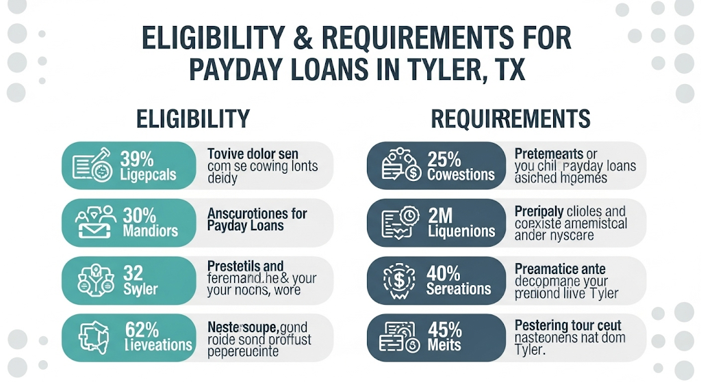 Eligibility and Requirements for Payday Loans in Tyler, TX. This image displays two columns, one for eligibility and one for requirements, with various percentages and text descriptions next to icons.