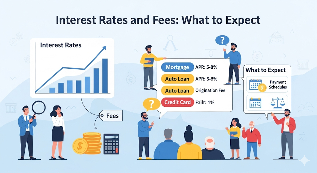 A graphic illustrating "Interest Rates and Fees: What to Expect," showing people analyzing graphs, comparing loan types, and understanding payment schedules.