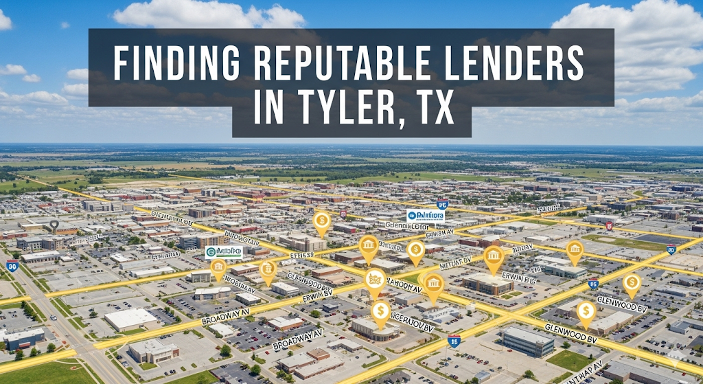 An aerial view of Tyler, TX, with map pins highlighting various locations. A text overlay reads "Finding Reputable Lenders in Tyler, TX," suggesting a guide to financial services.