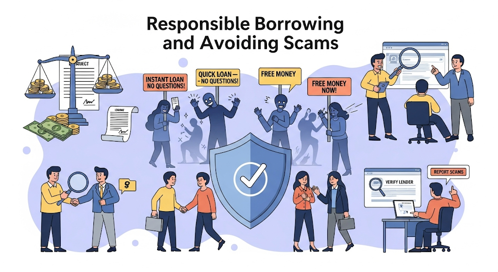A graphical image illustrating responsible borrowing and avoiding scams. It shows people making smart financial decisions and being protected by a shield.