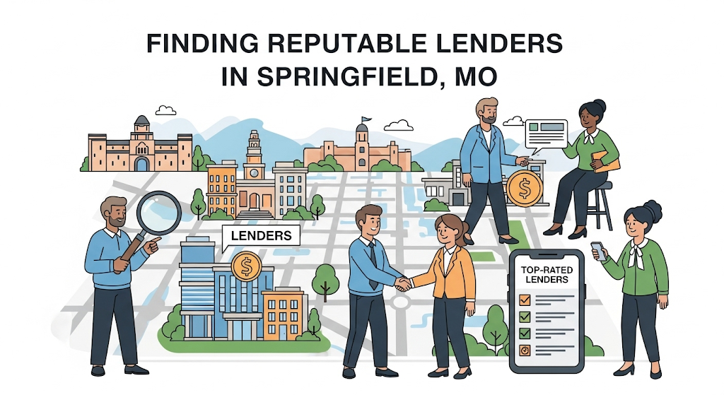 A graphic showing "Finding Reputable Lenders in Springfield, MO," with people researching options, shaking hands with lenders, and reviewing top-rated lists.