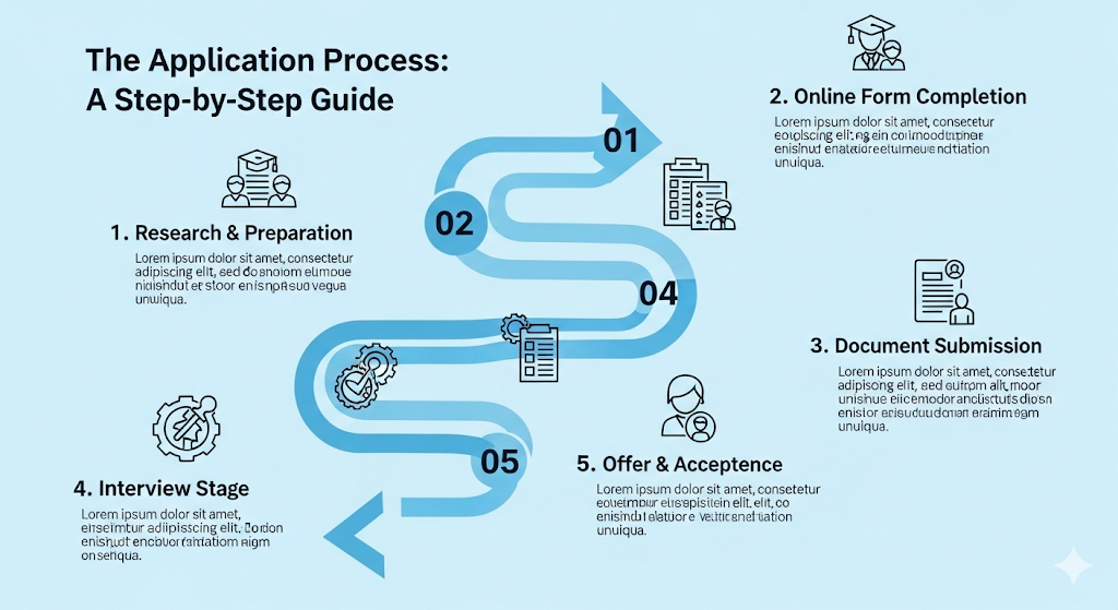 An infographic outlining a five-step application process, using a winding arrow to guide the viewer through each stage.