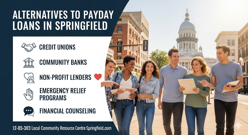 An image listing alternatives to payday loans next to a picture of smiling young adults walking in downtown Springfield.