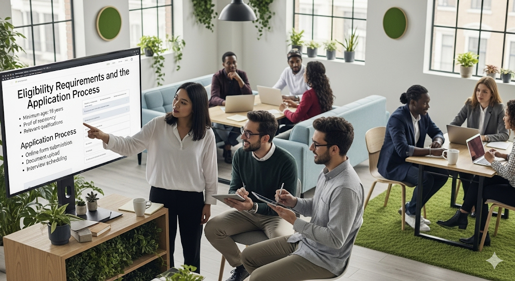 A woman in a modern office presents "Eligibility Requirements and the Application Process" on a large screen to her attentive colleagues, who are taking notes during the collaborative meeting.
