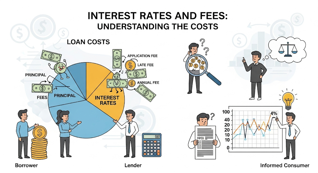 An infographic illustrating "Interest Rates and Fees: Understanding the Costs," with characters analyzing pie charts, calculators, and graphs to explain loan costs.