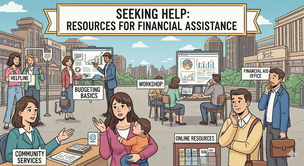 A graphic illustrating resources for financial assistance. It shows people getting help from community services, attending a workshop, and using online resources.