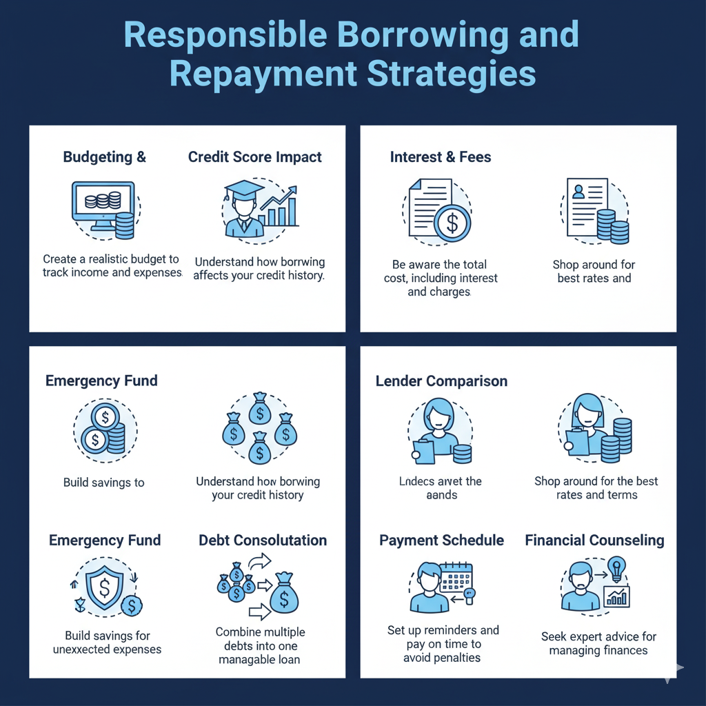 An infographic titled "Responsible Borrowing and Repayment Strategies." It features eight icons related to finance, such as a computer with coins, a graduate, and a budget, each with placeholder text.