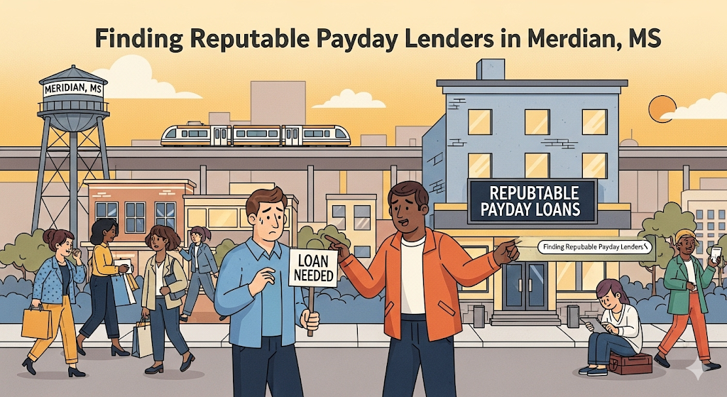 A graphical image illustrating how to find reputable payday lenders in Meridian, MS. It shows people getting advice and using a tablet to research lenders.