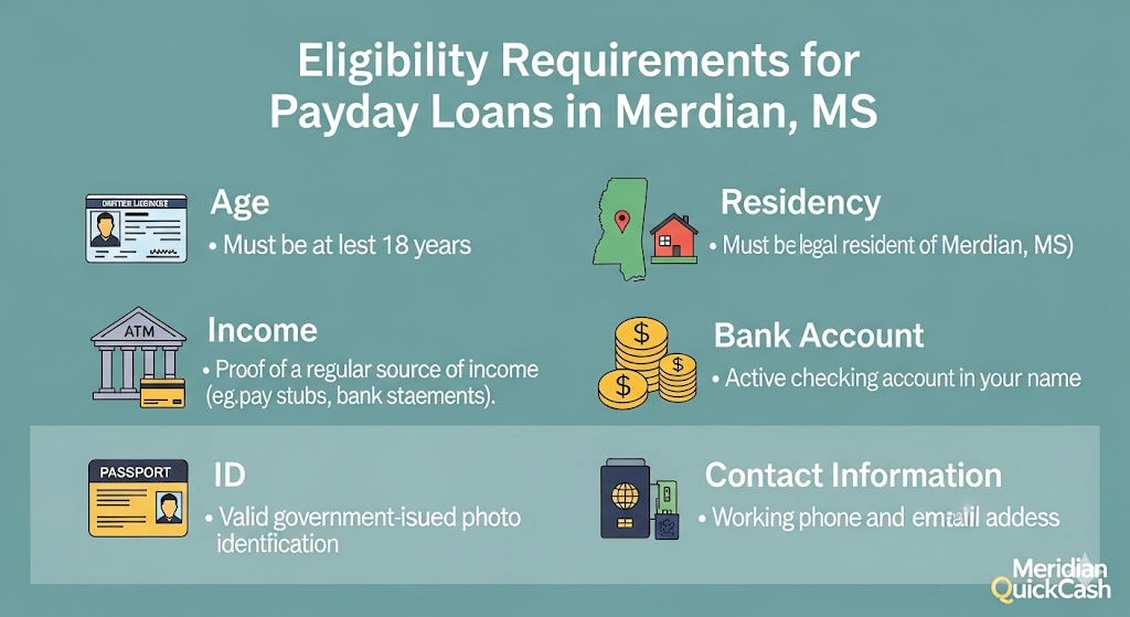 An infographic titled "Eligibility Requirements for Payday Loans in Meridian, MS" listing six key requirements with corresponding icons: age, residency, income, bank account, ID, and contact information.