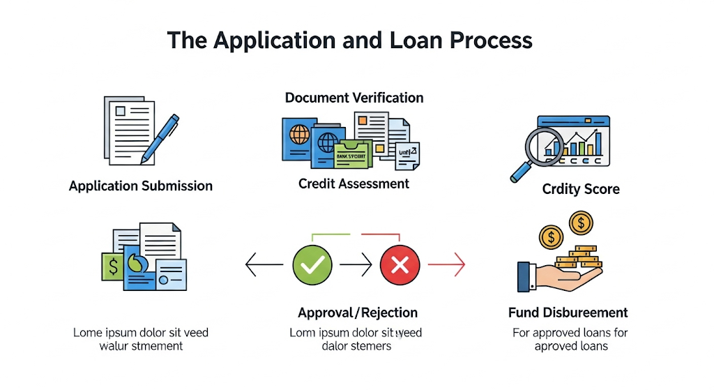 An infographic titled "The Application and Loan Process" showing a five-step flowchart: Application Submission, Document Verification, Credit Assessment, Approval/Rejection, and Fund Disbursement.